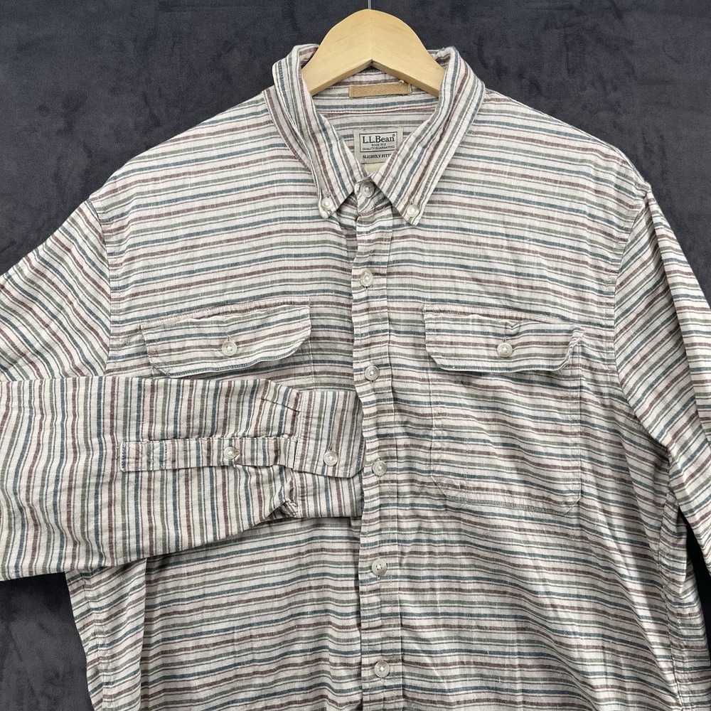 L.L.Bean Men's L Hemp Blend Striped Button Down Shirt Long Sleeve 55% Hemp